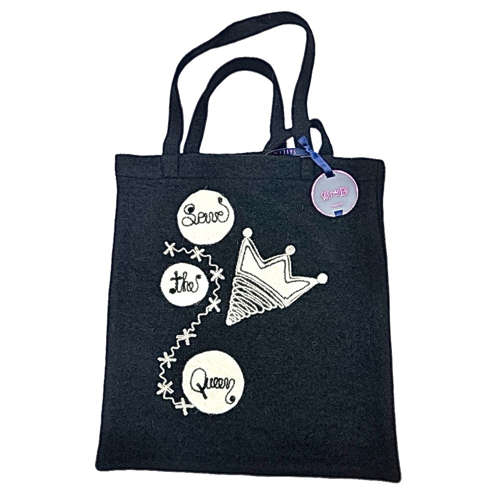 Save The Queen Black Wool Tote Shopper Bag Ivory Embroidery Italy New 14x16